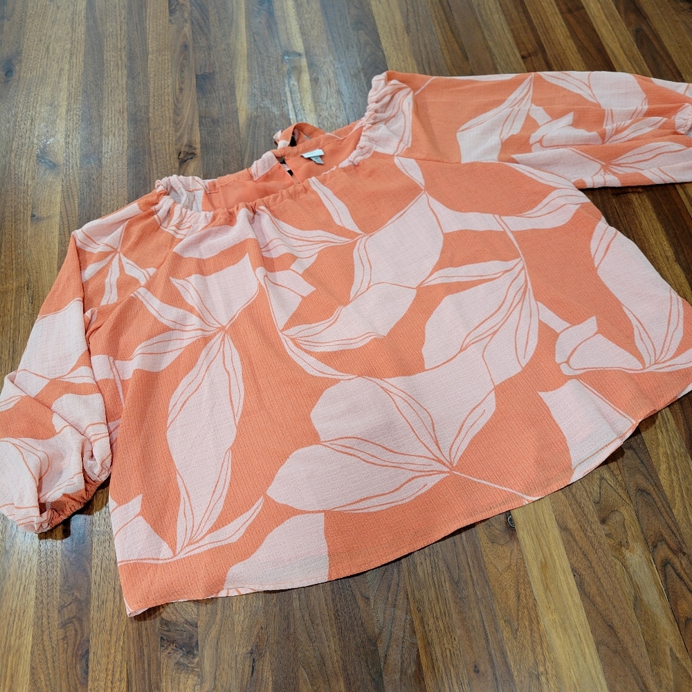 A New Day Orange Floral Print Chiffon Muse Blouse Tie Neckline - Picture 3 of 9